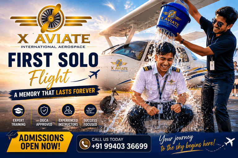 Student pilot celebrating first solo flight achievement during aviation training at X Aviate International Aerospace