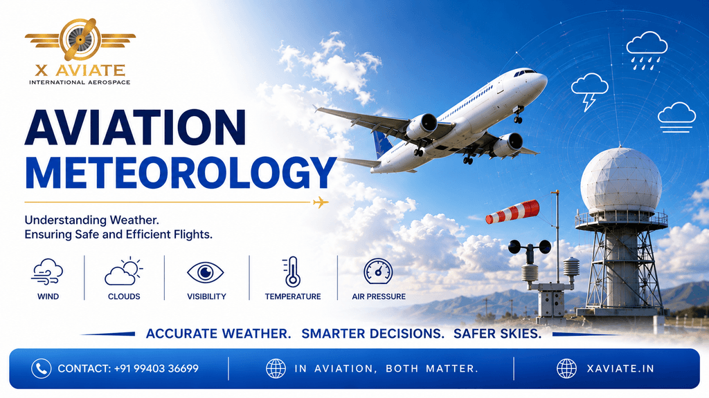 Airplane flying through stormy skies, lightning in the background, illustrating the impact of weather on aviation safety.