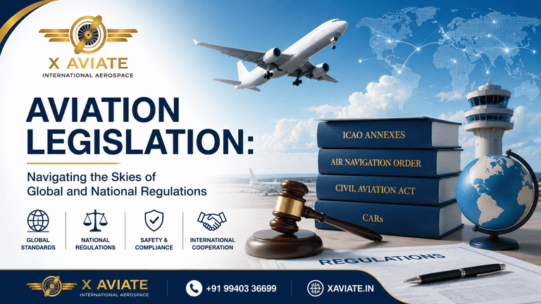 Aviation Legislation banner by X Aviate International Aerospace showing ICAO annexes, civil aviation law books and a gavel