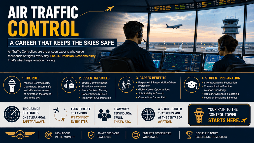 Air traffic controller monitoring flights in a control tower