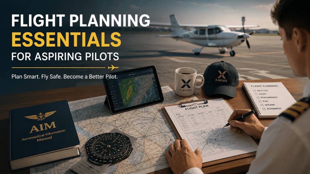 Pilot reviewing flight planning charts and navigation tools
