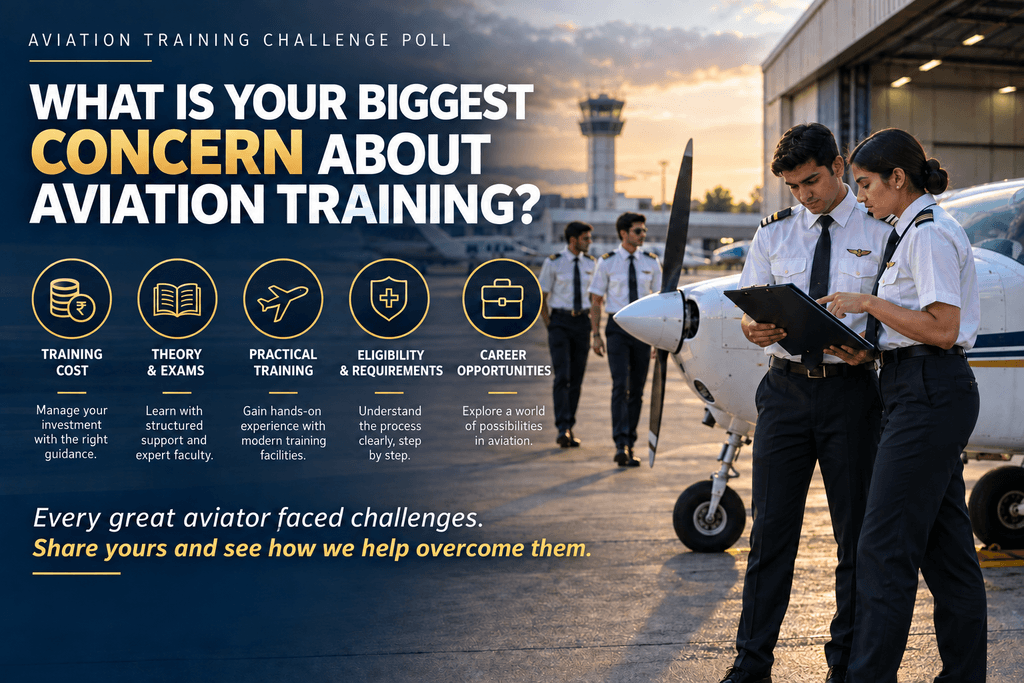 Aviation Training Challenge Poll asking students their biggest concern about aviation training, with X Aviate cadets beside a training aircraft